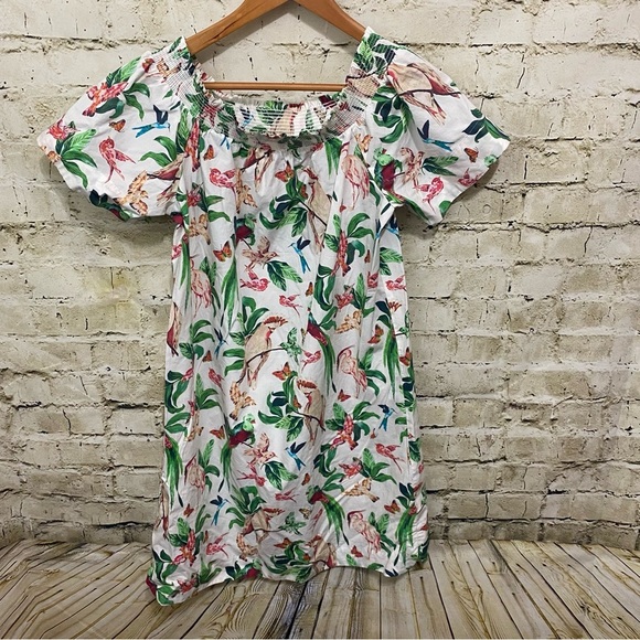 Ann Taylor White Bird Tropical Print Off The Shoulder Shift Dress - Picture 1 of 5